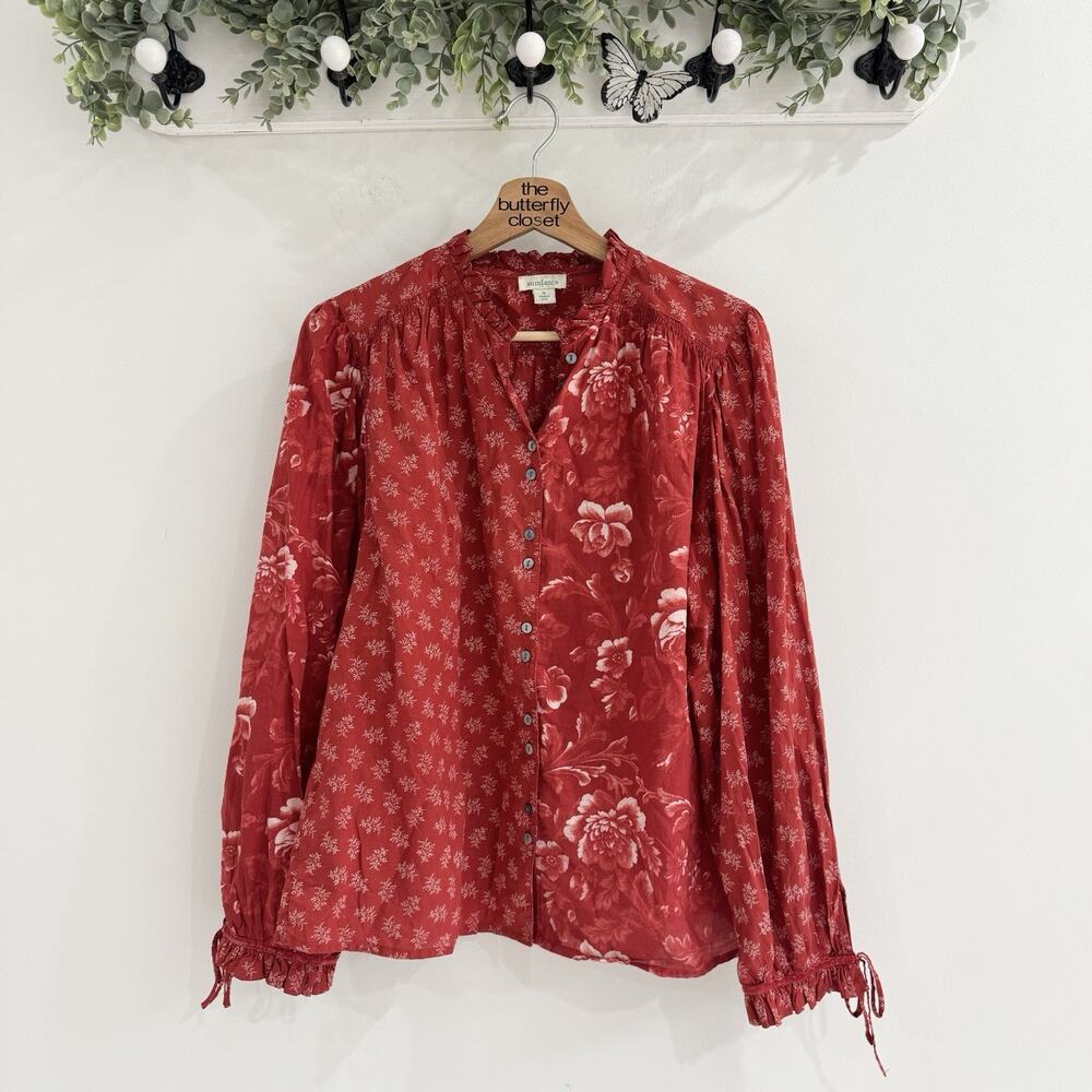 Sundance Red Floral Boho Button Down Blouse Small SS4016